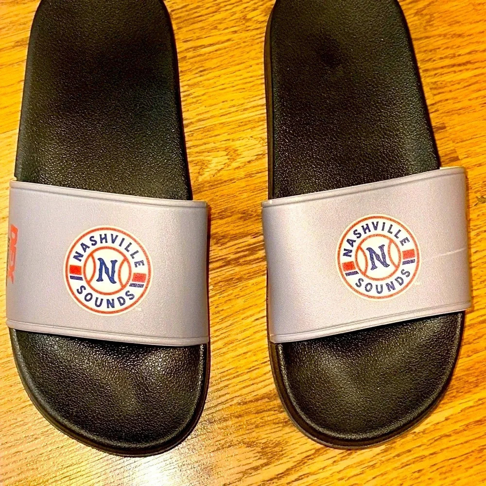 Nashville Sounds Baseball Pool Slides Sandals Shoes Gray Black Flip Flops 10.5